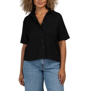 MODERN WORKS Black Smocked Knit Short Sleeve Button Down Shirt